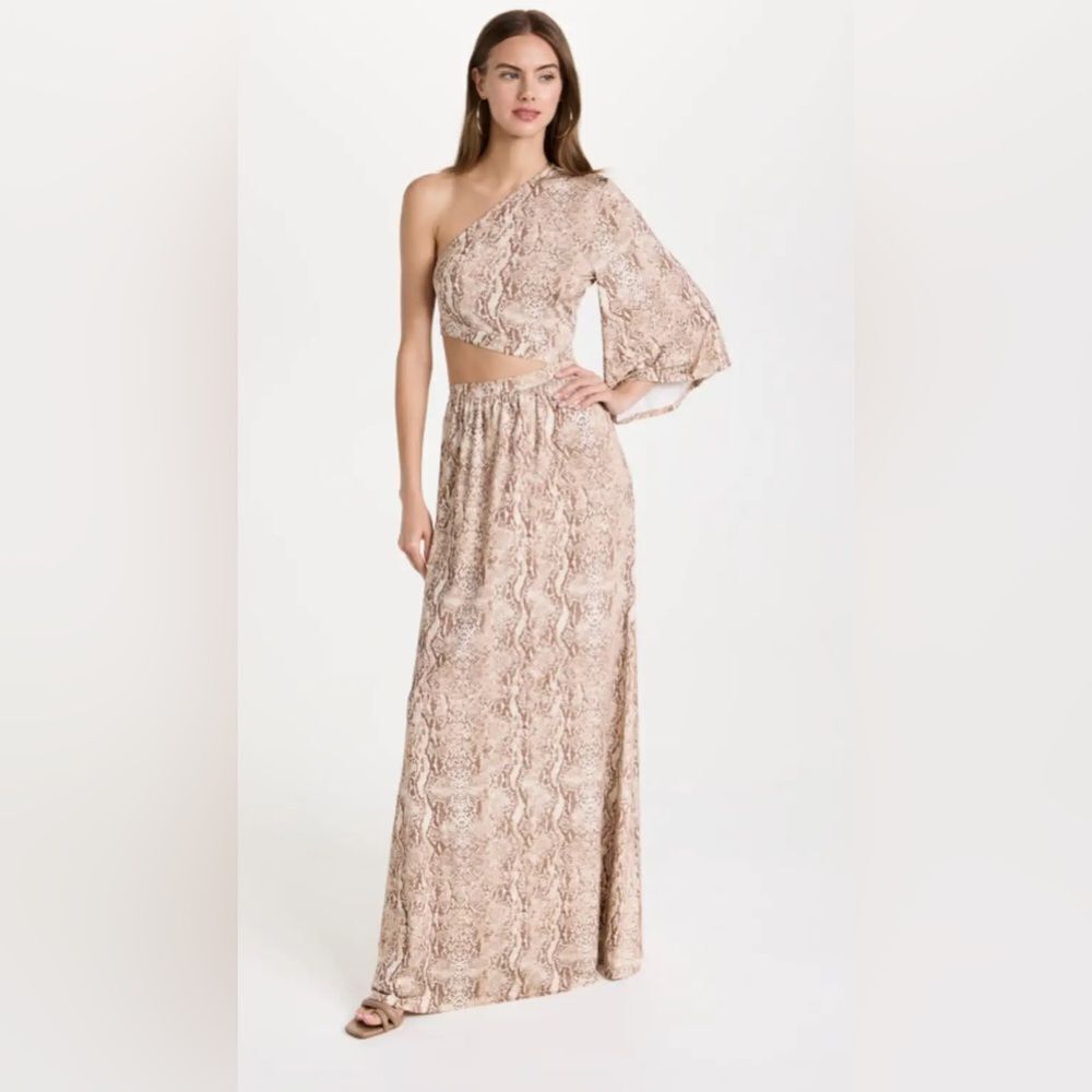 L'AGENCE One-Shoulder Snake-Print Maxi Dress in Beige